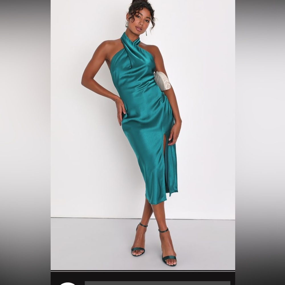 Lulus Teal Satin Halter Midi Dress size Small